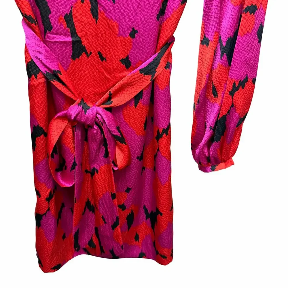 Tory Burch Pure Silk Pink Red Black Belted Tie Waist Mini Dress Size 2 Preppy